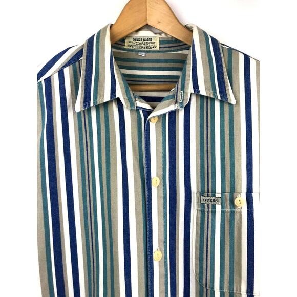 Vintage 90s GUESS JEANS Mens Large Striped Canvas Button Front Shirt Blue Tan - Picture 3 of 5
